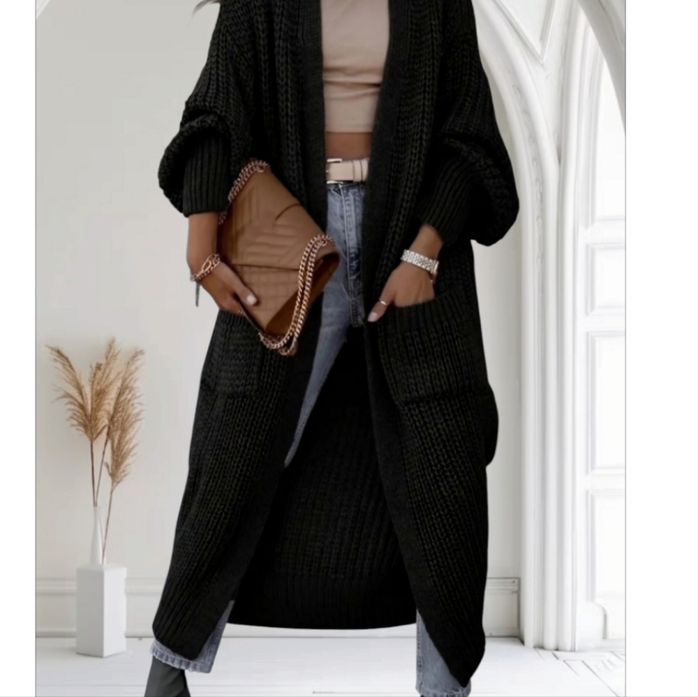 Black Plus Size Open Front Cardigan With Pockets And Lantern Sleeve